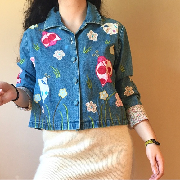 Vintage Jackets & Blazers - 🌸🐞 Patchwork Denim Jacket 🐞🌸
